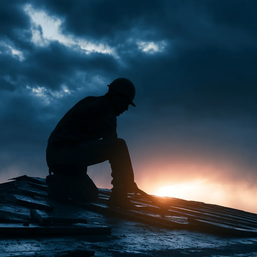A roofer kneeling on a roof ridge at dawn