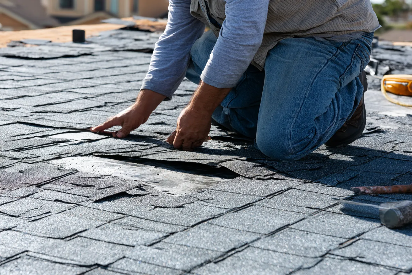 Damaged patch of gray shingles inspected by a kneeling roofer